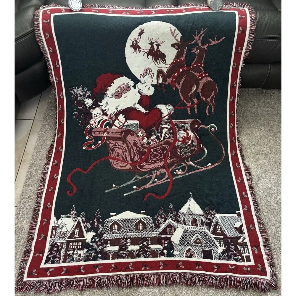 Vintage 90s Christmas Woven Tapestry Throw Blanket Santa Sleigh Reindeer 48x66